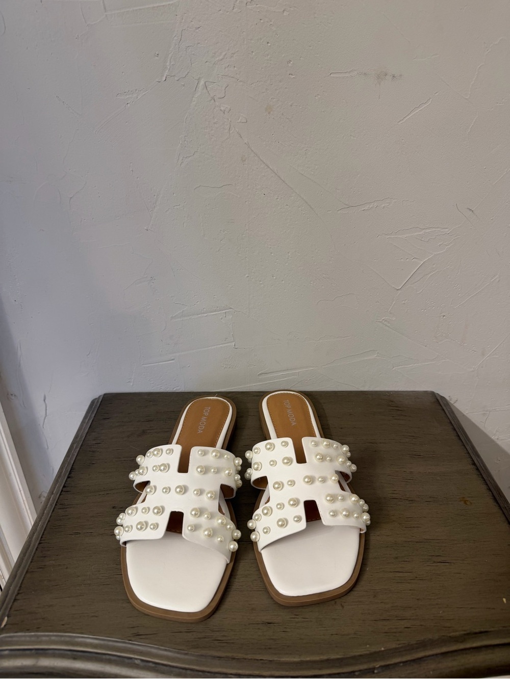 TOP Moda White Pearl-Studded Double Strap Slide Sandals